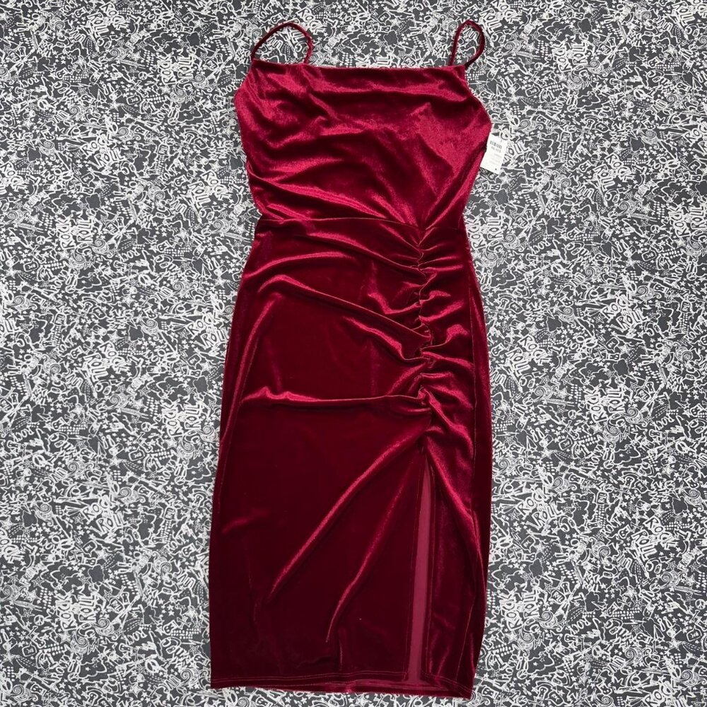 Misty Rose ruched velvet midi dress deep wine red